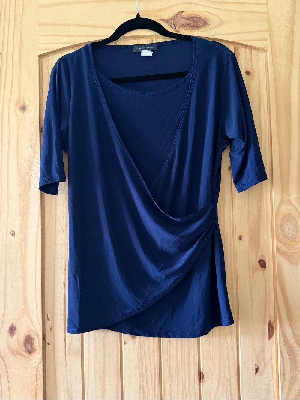 American City Wear Navy Faux-Wrap Short Sleeve Top